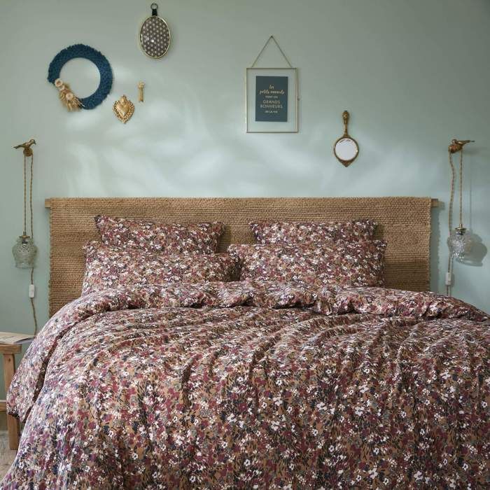 Parure de lit gaze de coton imprimé floral marron camel 240x260 - Marron - Terre de Nuit