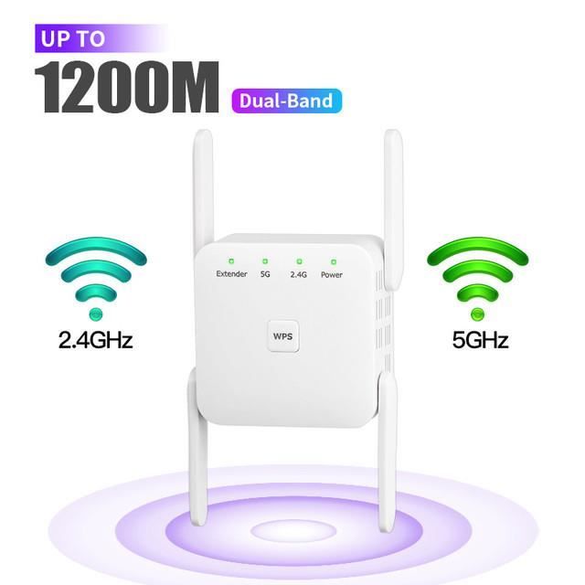 Répéteur WiFi 5G Double Bande 1200 Mbps - 4 Antennes, 2 Ports LAN, Couverture Jusqu'à 9800 M³