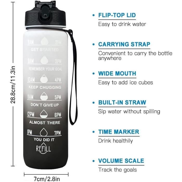 1 Litre Gourde Sport, Bouteille D'eau Avec Paille, Bouteille D'Eau Motivante Avec Marquages De Temps Pour Sport, Gym, Bureau, Course à Pied, Sans BPA (Orange + Vert