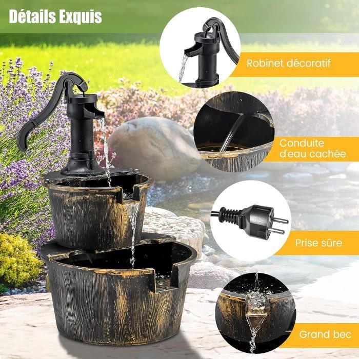 Fontaine à Eau Extérieure En Bois Sapin Carbonisé - 2 Niveaux Avec Pompe Manuelle - Écoulement Ajustable - Déco Jardin Zen 19L