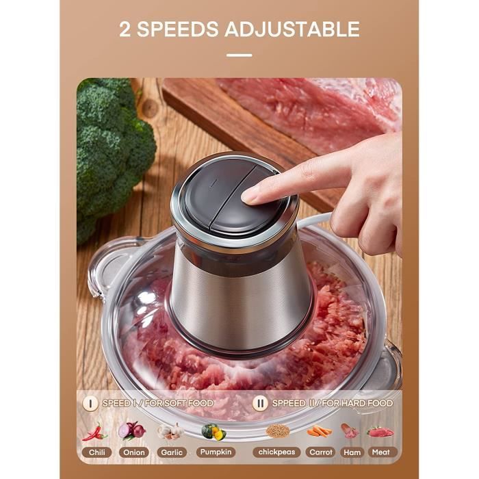 Hachoir électrique, Mini Hachoir à Viande Electrique 5L avec 6 lames, mixeur électrique de 500 watts avec 5 niveaux de vitesse pour Viande, Légumes, les aliments pour bébés et Fruits (Vert