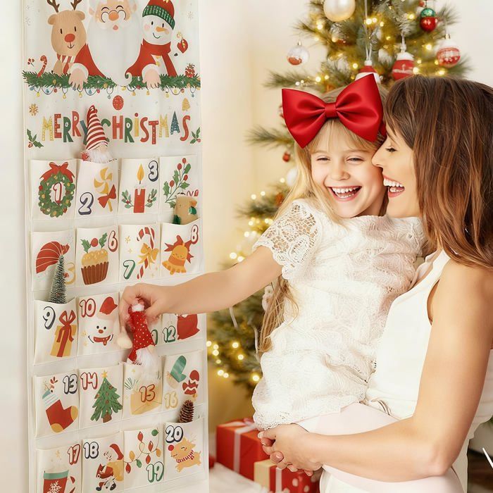 Calendrier De L'Avent 2025 En Tissu Réutilisable - 24 Poches, 120x60 Cm, Noir Ou Beige, à Remplir Soi-même