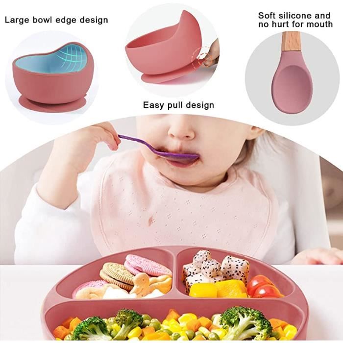 Set De Table Bébé 5 Pièces En Silicone Avec Ventouse - Assiette, Bol, Bavoir, Cuillère Et Fourchette, Vert Éléphant - 4