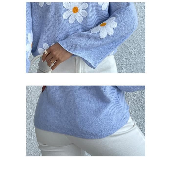 Pull Femme Manches Longues - Motifs Fleurs Et Rayures - Tissu Doux (Polyester/Polyamide/Acrylique) - Taille Ample S à XL - 12