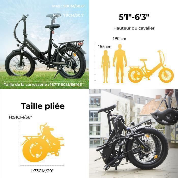 YOLOWAY Velo Electrique 20 Noir Batterie amovible 36V 12.5AH Moteur 250W Shimano 7 Vitesses VTT Ville E Bike Autonomie 40 90km Cdiscount Sport