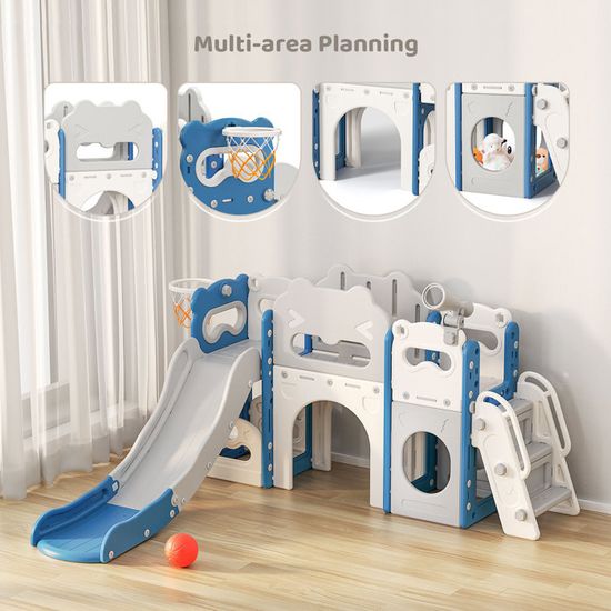 Aire De Jeux Intérieure 7 En 1 Pour Tout-petits 1-3 Ans - Toboggan, Balançoire, Panier De Basket, Rangement (rose/gris, 142x165x85 Cm)