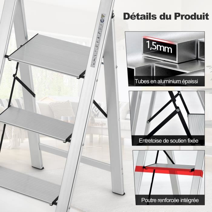 Escabeau 3 Marches Aluminium Pliable Avec Plateau Outils - Capacité 150 Kg - Antidérapant - Léger - Pour Maison, Cuisine, Garage
