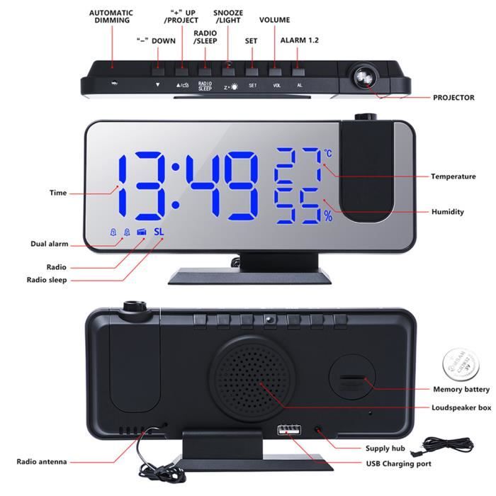 Réveil Projecteur Honseadek - Horloge Numérique Avec Projection Au Plafond, Température, USB - Blanc - 2