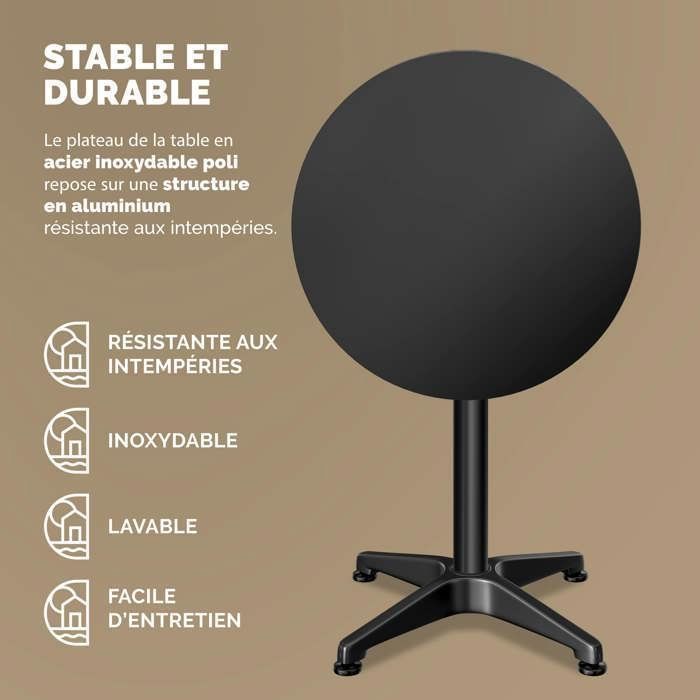 Lot De 2 Tables De Bistrot Pliantes KESSER - Hauteur Réglable 70/115 Cm, Plateau Inox - Pour Intérieur Et Extérieur