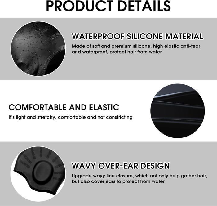 Bonnet De Bain 3D En Silicone – Protection Oreilles Intégrée, Imperméable, Unisexe, Pour Cheveux Longs Ou Courts, Noir