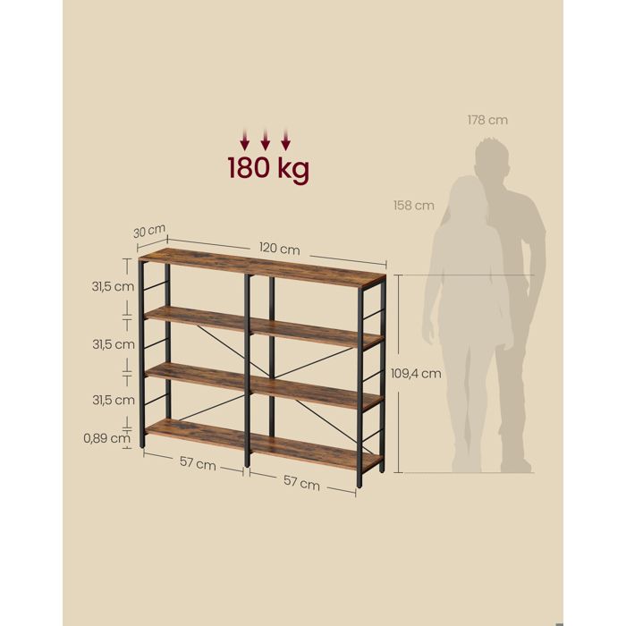 Étagère Industrielle 4 étagères 80x30x120 Cm - Noir, Bois Et Métal - Pour Salon, Bibliothèque, Rangement Ouvert