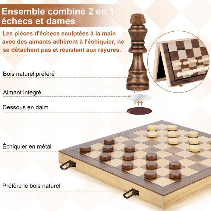 Échiquier Magnétique 2 En 1 – Bois Pliable 39x39 Cm, 32 Pièces + 2 Dames, Sac De Rangement Inclus – Voyage