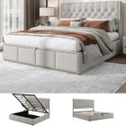 BLANKETSWARM Lit coffre double 180 x 200 cm avec espace de rangement hydraulique, avec sommier à lattes - décoration rivets - lin - gris clair