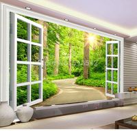 papier peint panoramique Fond de canapé paysage naturel fenêtre route forêt soleil vert 350x250cm