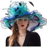 Femme Chapeau Fleur Organza Large Bord Pliable Cocktail Derby Cérémonie Bleu Saphir/Vert