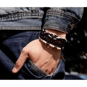 Bracelet Cuir Noir Multilanière avec Perles de Pierres Naturelles pour Homme