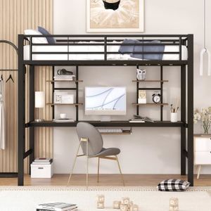 LIT MEZZANINE Lit mezzanine avec bureau et étagères - Noir - 90 x 200 cm - Cadre de lit pour enfants, adolescents et adultes