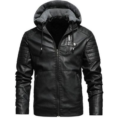 Blouson Homme Hiver Simili cuir Doublee polaire A capuche amovible INSFITY Chaud Noir Cdiscount Pret a Porter