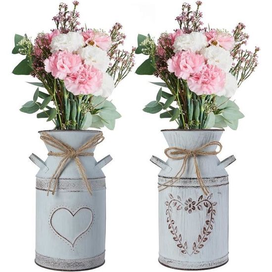 Vase Déco Rustique En Fer Blanc Galvanisé - Style Bidon à Lait - Blanc Vintage - Dimensions 14x20,3x24,1 Cm - Parfait Pour Fleurs Séchées Ou Artificielles