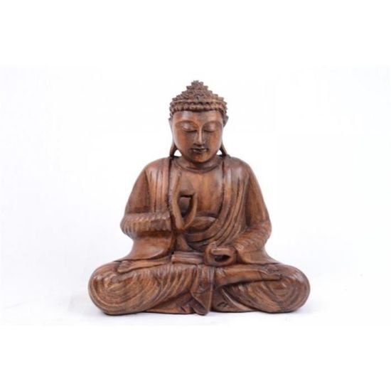 Grande Statue Bouddha Assis Bois Massif Sculpté Main 40cm - Décoration Zen Artisanal