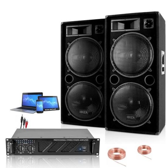 PACK SONO 2 ENCEINTES 2000W + 1 AMPLI 3000W + CÂBLAGE ENCEINTES + CABLE PC DJ
