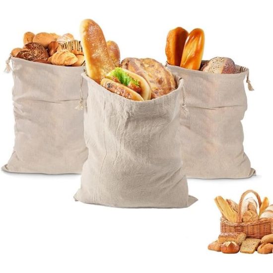 Lot De 4 Sacs à Pain En Lin Réutilisables Avec Cordon - Grand Format 37x30 Cm + Baguette 61x16 Cm - Éco & Naturel