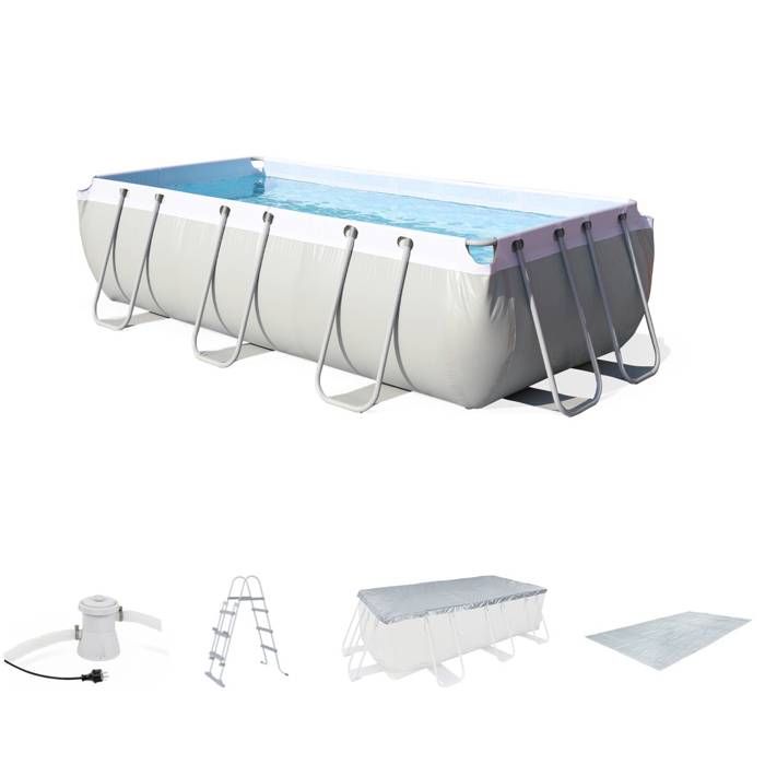 Kit grande piscine tubulaire Topaze 8m² grise, piscine 4x2m, pompe de filtration, bâche de protection, tapis de sol, échelle