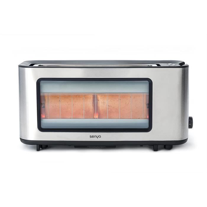 SYBF-T006S grille-pain Inox et verre Toast Perfect, longue fente extra large pour baguette, pince à toast