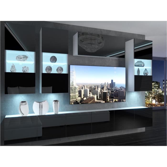 RAMONE - Ensemble meubles TV + LED - Unité murale - Largeur 300cm - Mur TV à suspendre - Noir Blanc