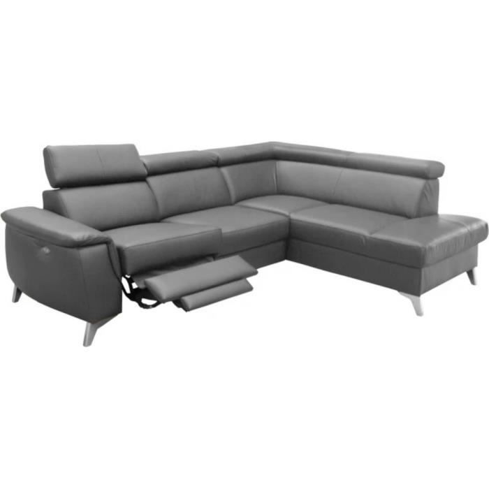 Canapé d'angle en cuir italien de luxe - 5/6 places - 1 relax électrique et coffre - gris foncé - angle droit – LINCOLN