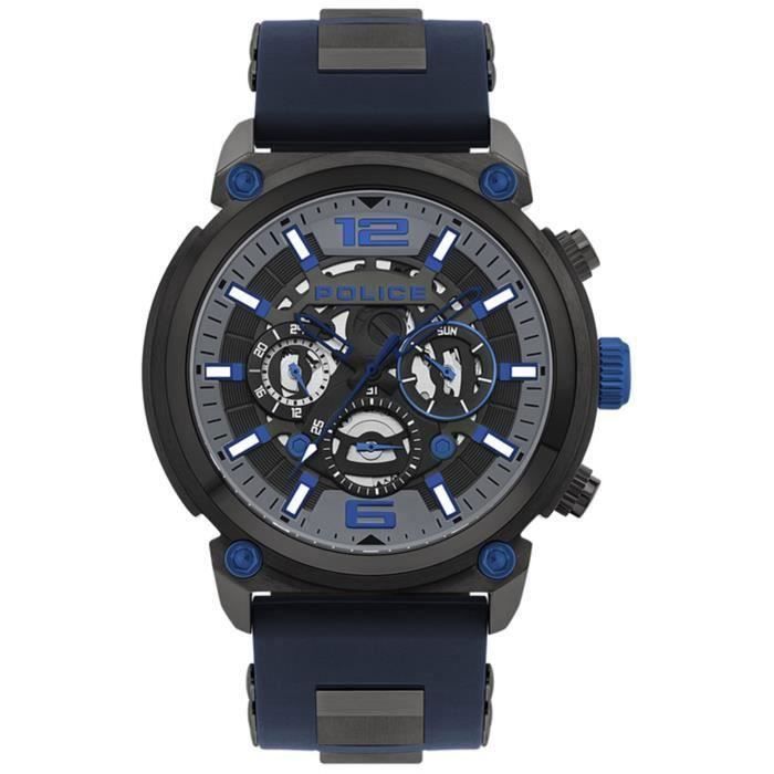 Montre homme POLICE WATCHES ARMOR PL.14378JSU13P. Sport. Date. 100. Noir. Bleu. Gris. Rond. Quartz. Analogique. Silicone. Acier ino
