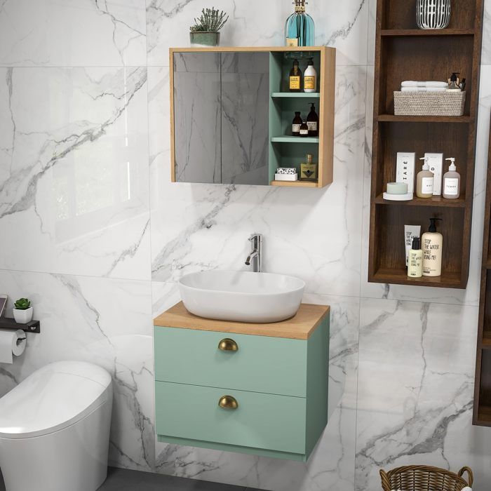 ensemble meubles de salle de bain vert - armoire - miroir - étagères réglables - tiroirs - meuble sous lavabo suspendu
