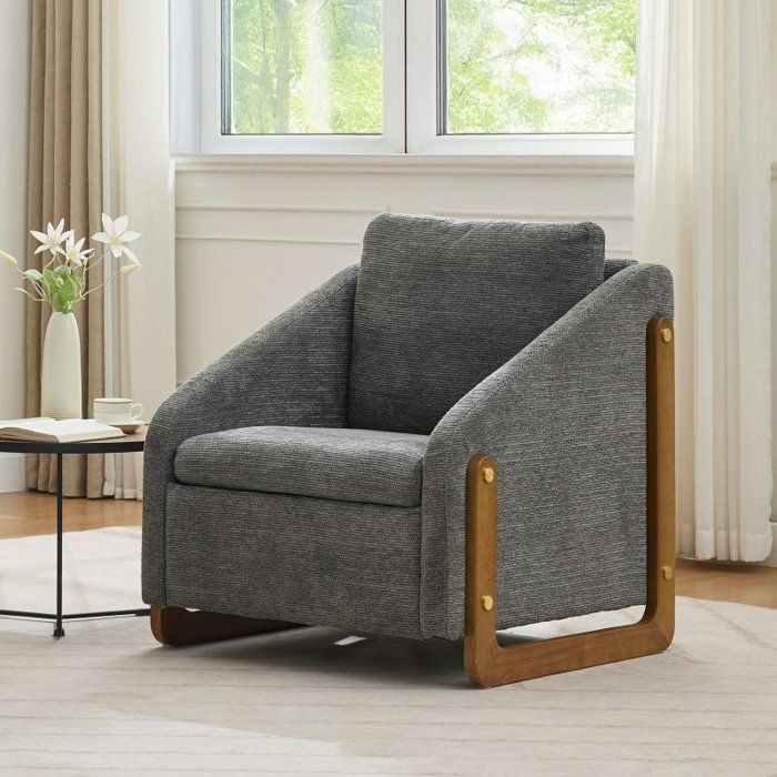 Fauteuil de salon - LANGTU - Design Minimaliste - Tissu chenille gris - Accoudoirs bois - 735x735x735 cm