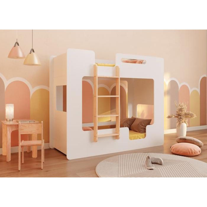 smartwood Lit Superposé Enfant 90x200 - Échelle Gauche - Couleur Blanc - Lit Double MIMI BL - Sommier & Barrière de sécurité