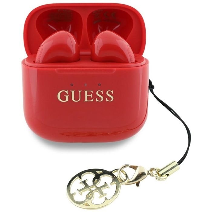 Écouteurs Bluetooth TWS Guess effet brillant avec logo et breloque classiques imprimés (rouge)