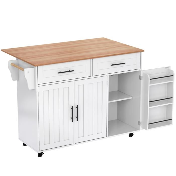 Ilot de cuisine avec plan de travail rabattable îlot de cuisine mobile sur roulettes avec 2 tiroirs étagères réglables blanc