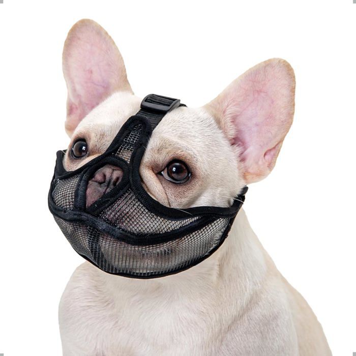 Meilleurs prix pour Muselière pour Chien Bouledogue  muselière pour Chien à museau Court Maille Respirante Ajustable Anti Morsure(LNoir)
