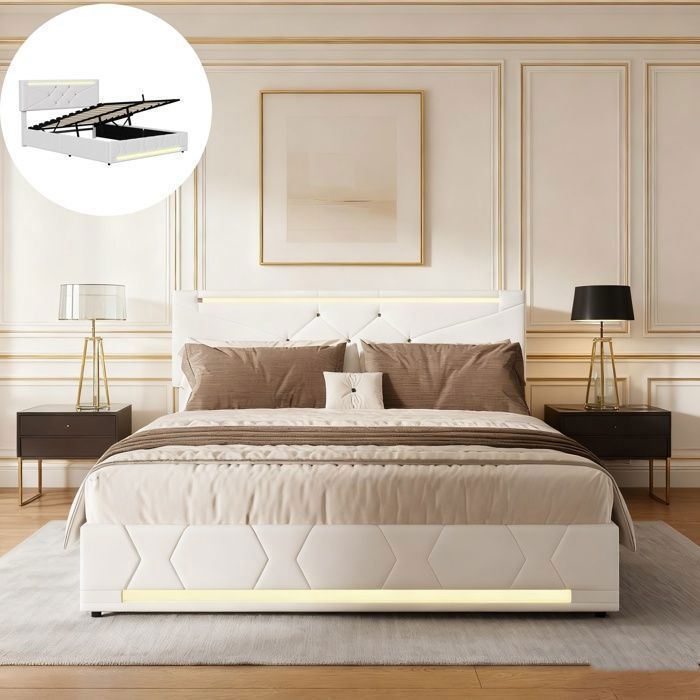 Lit Double 180x200 Avec LED Et Charge USB - Sommier à Lattes, Coffre Hydraulique, Tissu Lin Beige - Sans Matelas - 8