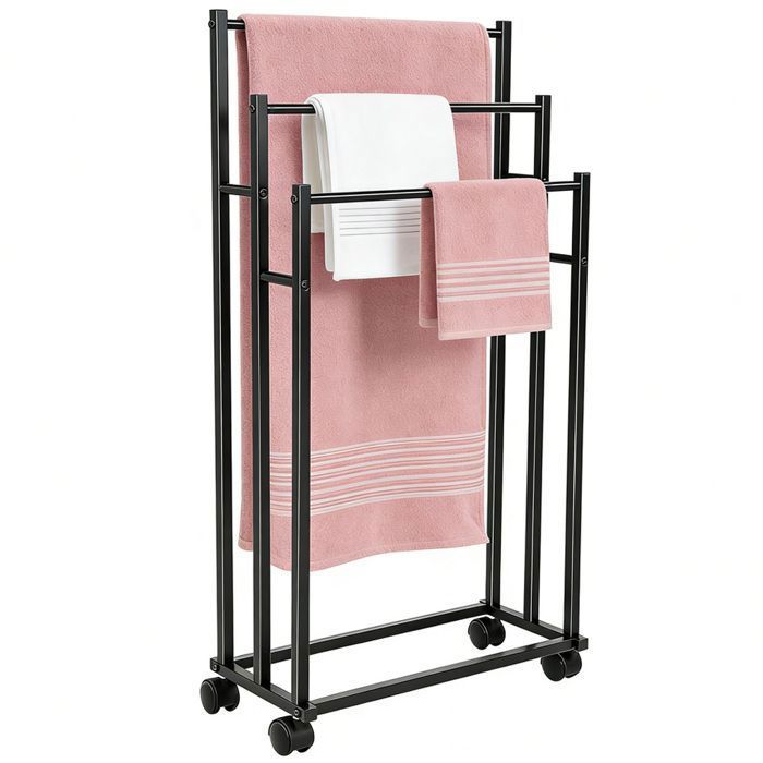 Porte-serviettes sur pied à 3 Niveaux Avec Roulettes Acier au Carbone Étagère de salle de bain