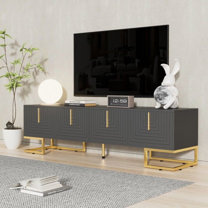 Meuble TV bas gris 170 cm portes texturées poignées dorées pieds dorés 40x45.5 cm rangement moderne salon