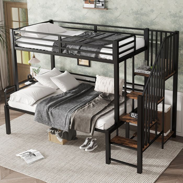 Lit 90x200cm/120x200cm lit en fer forgé lit superposé lit enfant fer + MDF noir