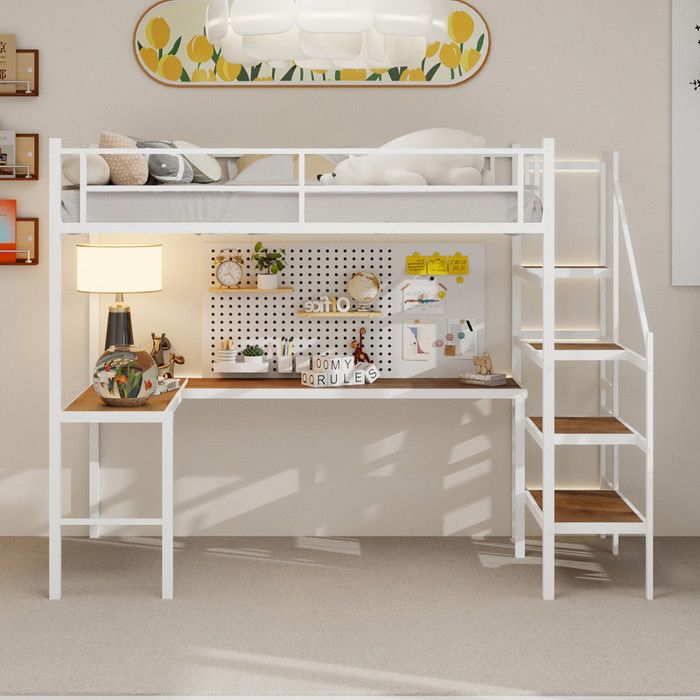 Lit mezzanine 90x190 cm avec bureau en L Cadre de Lit Adulte Lit 1 personne Lit Adulte Blanc