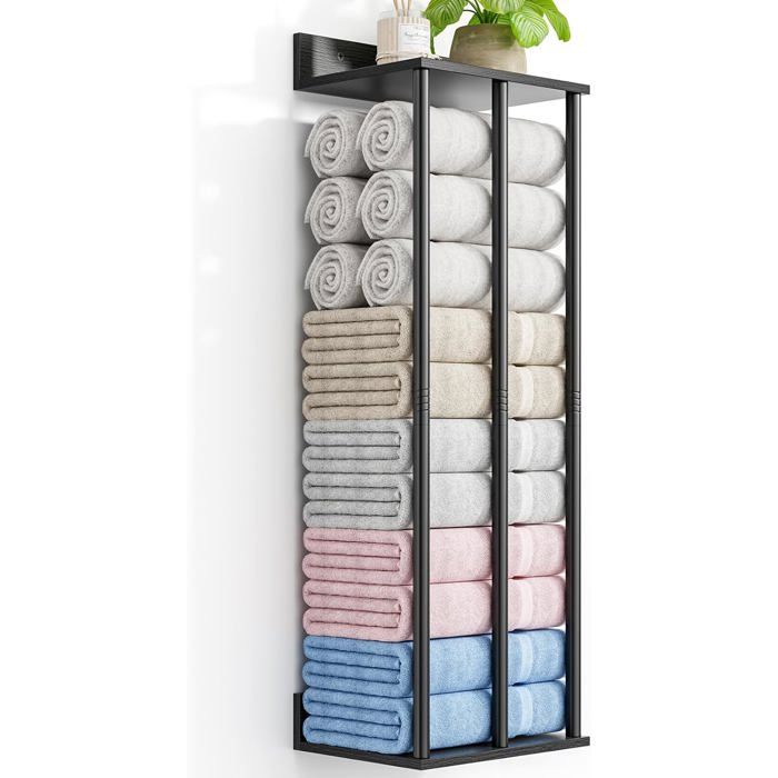 Porte-serviettes grande capacité avec étagère en bois Rangement pour serviettes gel douche et accessoires