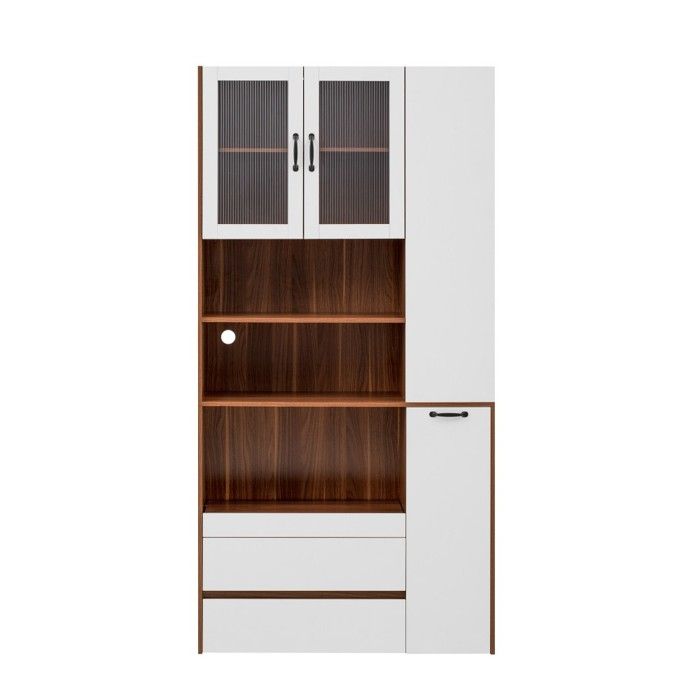 Buffet Haut 100x40x200cm Blanc Noyer Étagères Ajustables Coulissantes Verre Cannelé Cuisine Salon Salle À Manger Buffet Haut 100x40x200cm Blanc Noyer Étagères Ajustables Coulissantes Verre Cannelé Cuisine Salon Salle À Manger