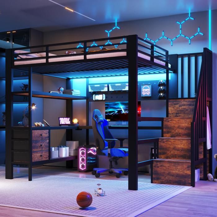 Lit mezzanine 140x200 cm avec éclairage LED et 3 tiroirs Lit Mezzanine avec Bureau Prise et USB Escalier de rangement Noir