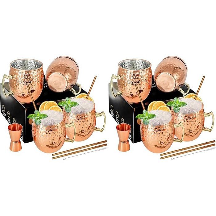 Moscow Mule Lot de 8 tasses avec doseur de 06 cl en acier inoxydable plaqué cuivre 530 ml Parfait pour les boissons froides