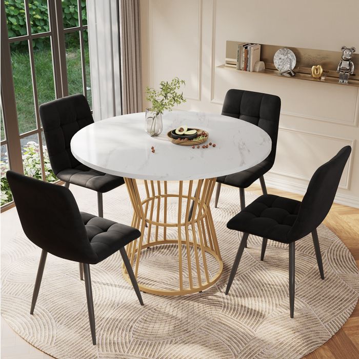 Table à Manger Ronde VIVRYN 100 cm Plateau MDF Effet Marbre Blanc Pied Métal Moderne 4 Personnes