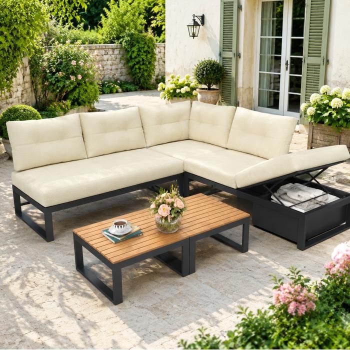 Salon de jardin d’angle modulable beige avec dossier réglable 3 positions rangement et table basse