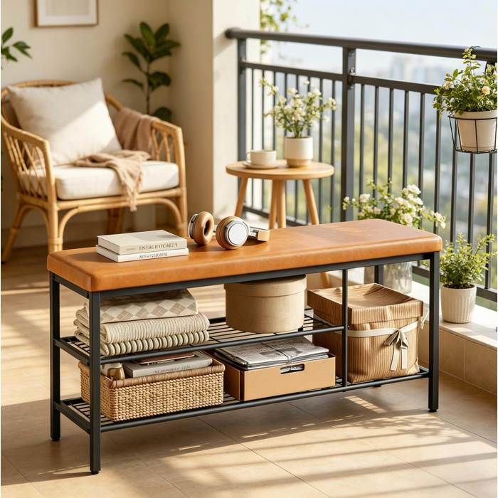 Banc à chaussures avec assise 100 x 30 x 50 cm 3 étagères ouvertes métal simili cuir noir et marron