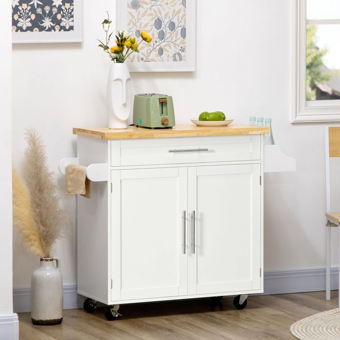 Chariot de cuisine blanc avec plan de travail tiroir meuble fermé roulettes range-épices et porte-serviettes 109 x 40 x 89 cm